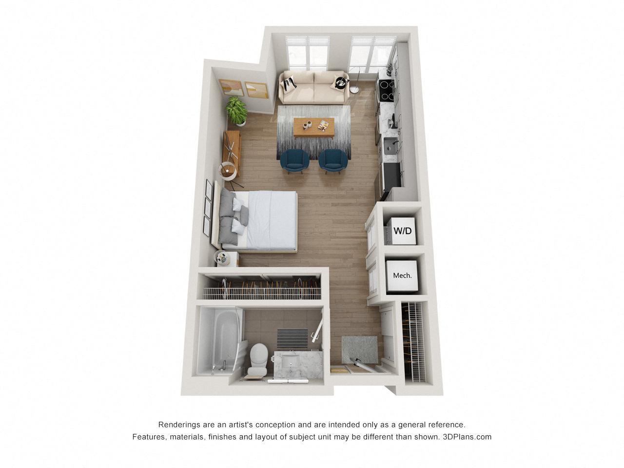 Floor plan for studio, 1 bath, 477 sqft